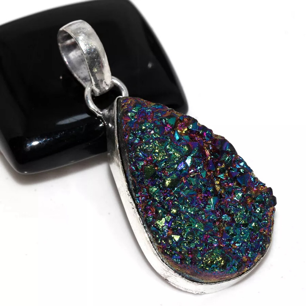 Purple & Blue Titanium Druzy 925 Silver Plated Gemstone Necklace Pendant 2"